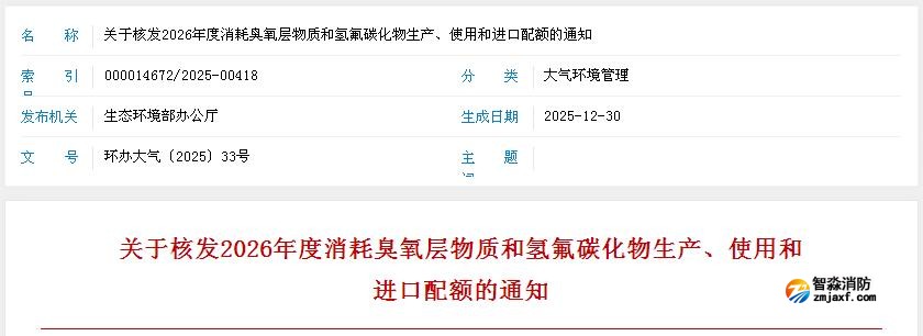 關(guān)于核發(fā)2026年度消耗臭氧層物質(zhì)和氫氟碳化物生產(chǎn)、使用和進口配額的通知