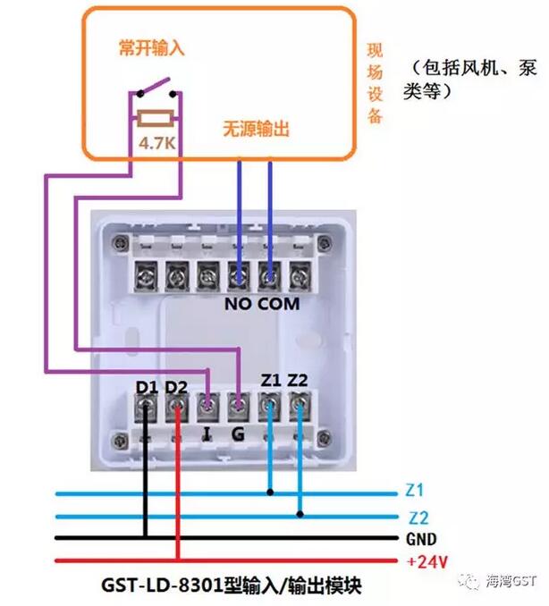 8301模塊采用無源輸出方式，輸入端為無源常開觸點的接線方法：
